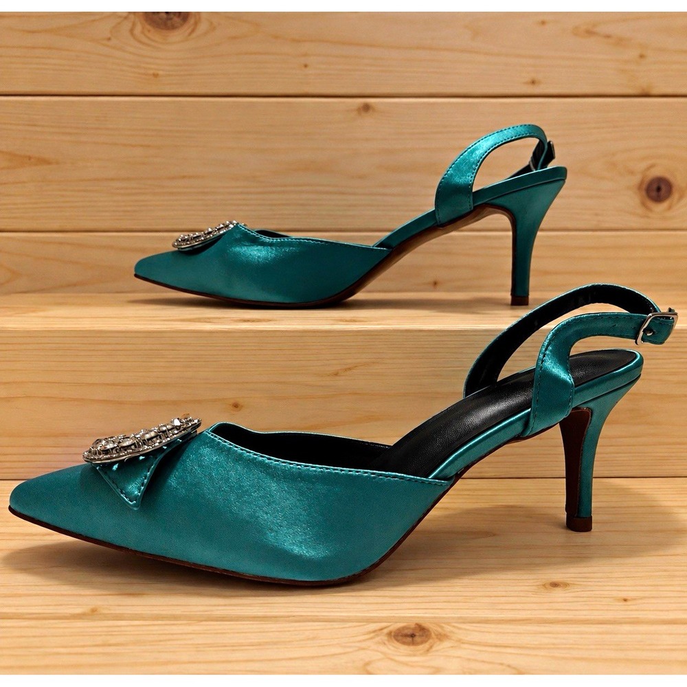 Women's Teal Slingback Pointed Toe Stiletto Heels Rhinestone Buckle, 43[A5]